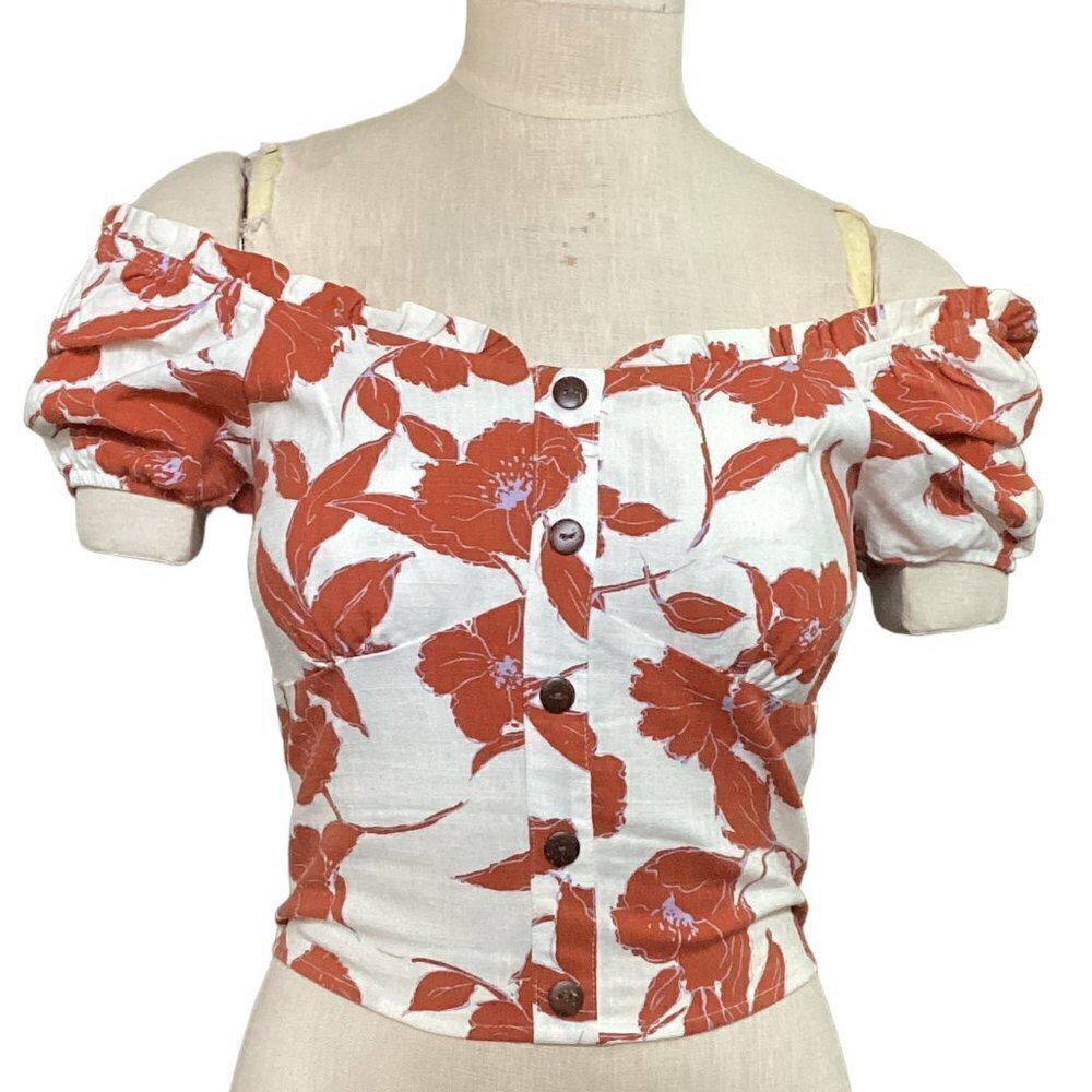 Monteau LA Cropped Linen Blend Floral Top Smock Back Sz S #88N
